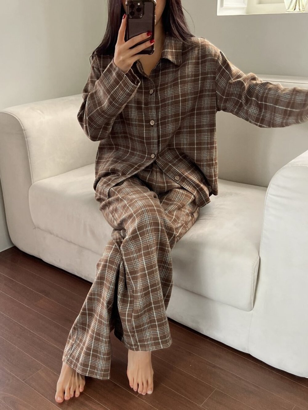 Coffee Brown Casual Women's Plaid Loose Top And Pants Pajama Set